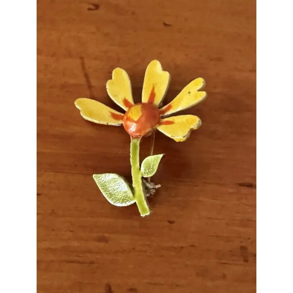 Vintage Hand Painted Flower Brooch Yellow Orange Enamel Floral Pin Signed